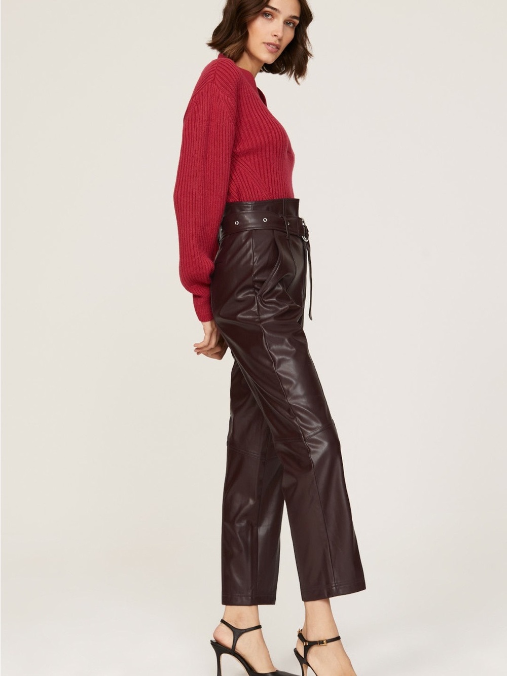 Marissa Webb Burgundy High-Waist Faux Leather Wide Leg Pants